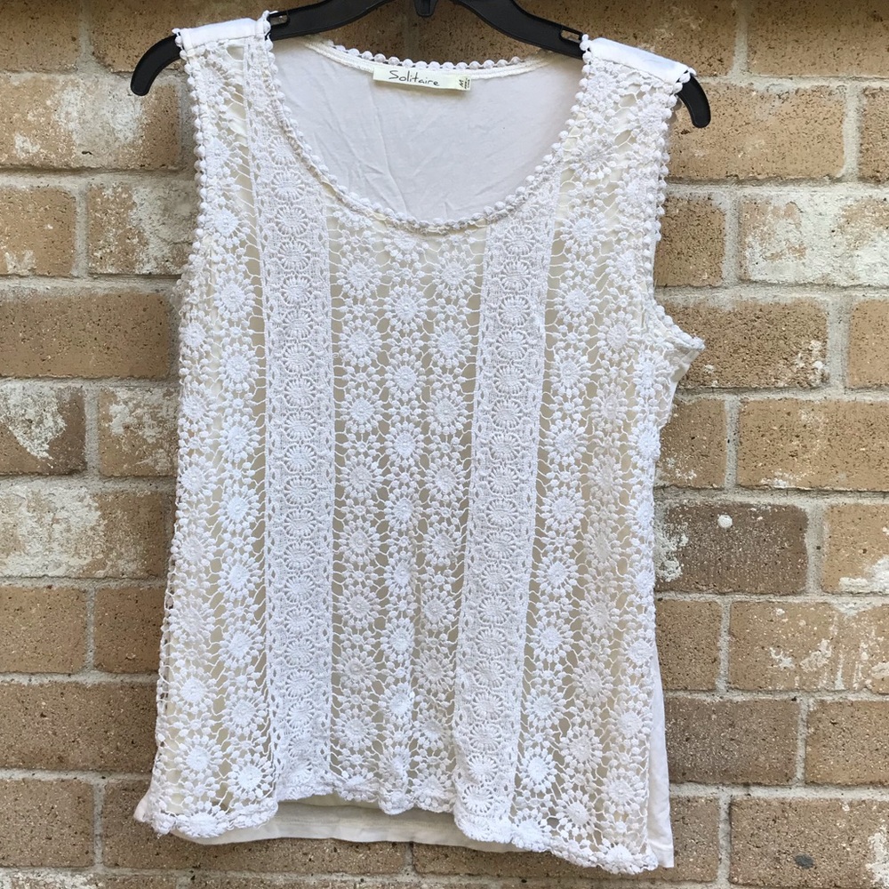 Tank with crochet overlay in front.